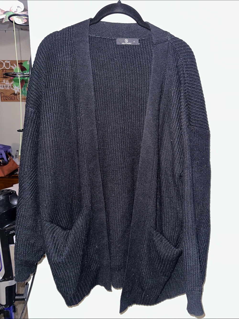 Amazon Black Open-Front Ribbed Knit Cardigan with Pockets